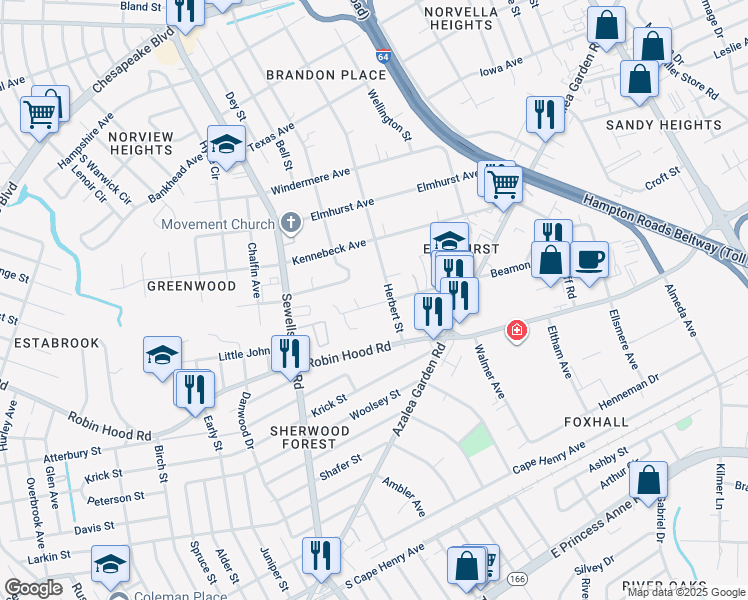 map of restaurants, bars, coffee shops, grocery stores, and more near 4874 Beamon Road in Norfolk