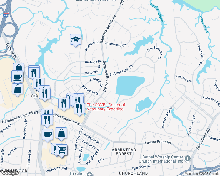 map of restaurants, bars, coffee shops, grocery stores, and more near 6713 Lake Cove Court in Suffolk