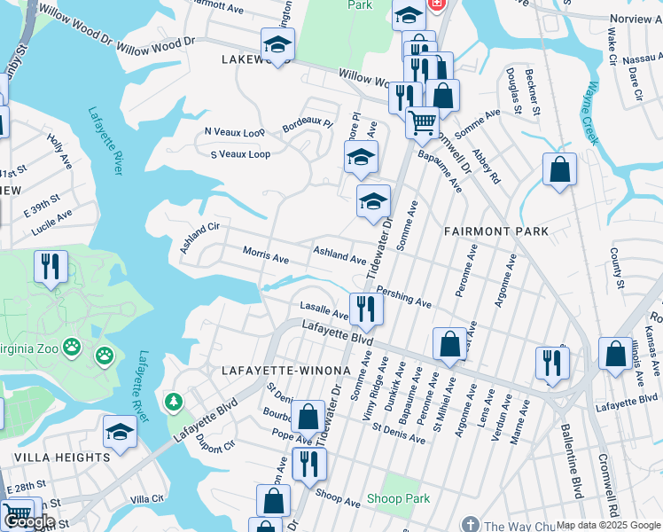 map of restaurants, bars, coffee shops, grocery stores, and more near 1724 Morris Avenue in Norfolk