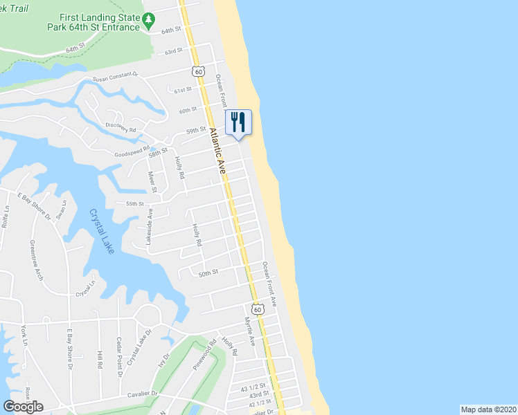 map of restaurants, bars, coffee shops, grocery stores, and more near 107 53rd Street in Virginia Beach