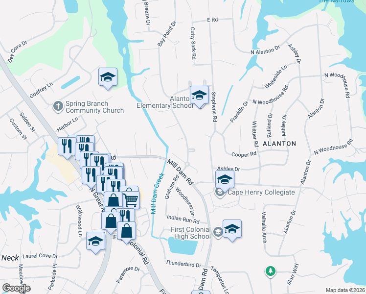 map of restaurants, bars, coffee shops, grocery stores, and more near 2009 Inland Cove in Virginia Beach