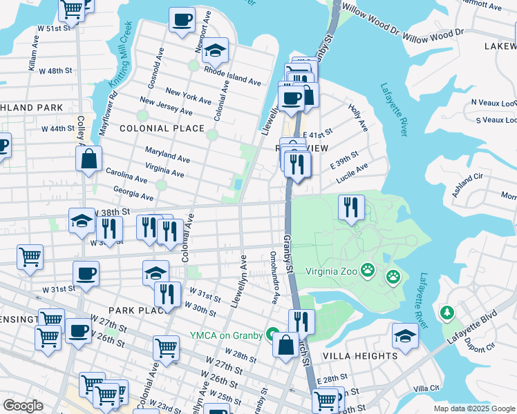 map of restaurants, bars, coffee shops, grocery stores, and more near 217 West 38th Street in Norfolk