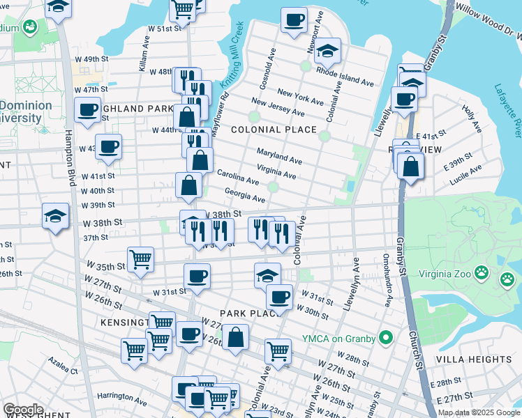 map of restaurants, bars, coffee shops, grocery stores, and more near 3904 Newport Avenue in Norfolk