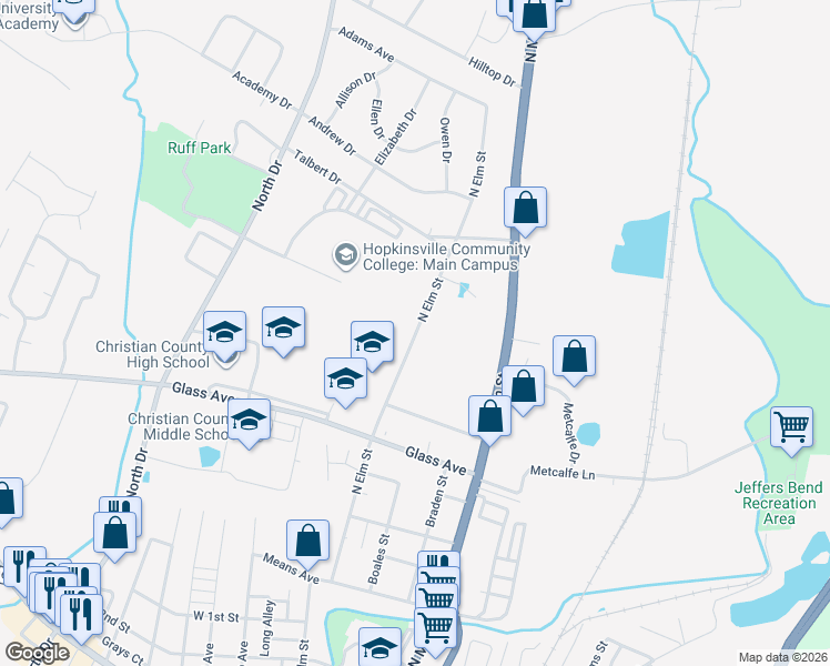 map of restaurants, bars, coffee shops, grocery stores, and more near 720 North Drive in Hopkinsville