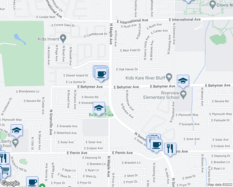 map of restaurants, bars, coffee shops, grocery stores, and more near 2037 East Brandywine Lane in Fresno