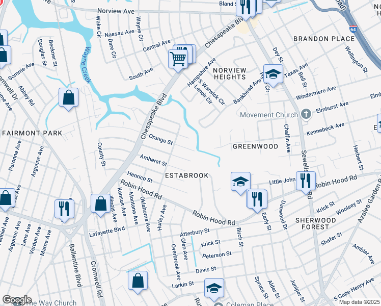 map of restaurants, bars, coffee shops, grocery stores, and more near 3725 Orange Street in Norfolk
