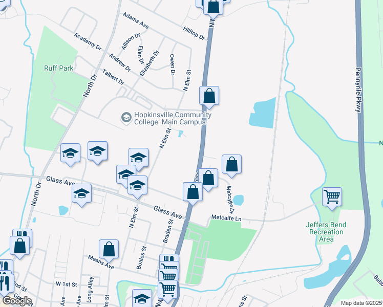 map of restaurants, bars, coffee shops, grocery stores, and more near 807 North Main Street in Hopkinsville