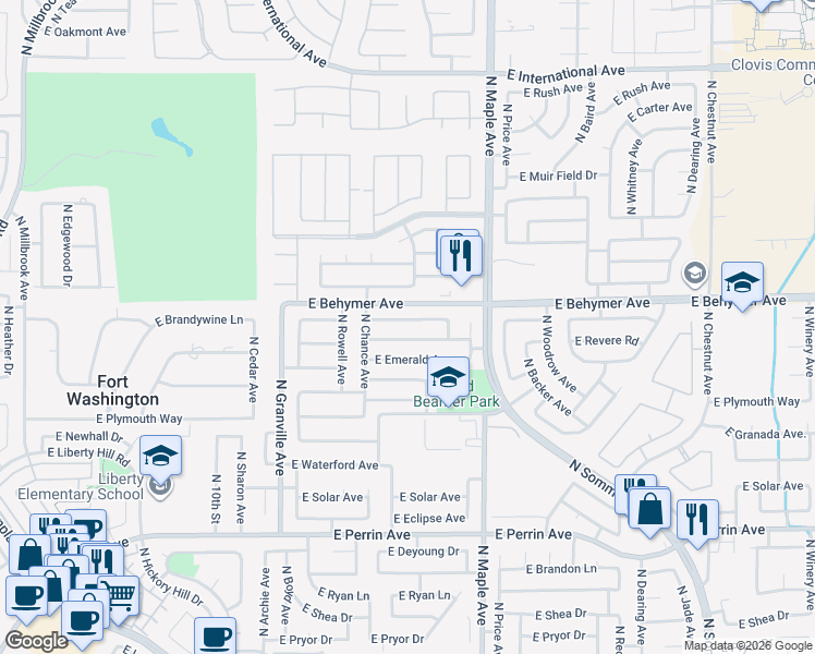 map of restaurants, bars, coffee shops, grocery stores, and more near 1785 East Brandywine Lane in Fresno