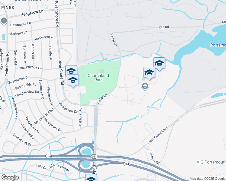 map of restaurants, bars, coffee shops, grocery stores, and more near 4201 Cedar Lane in Portsmouth