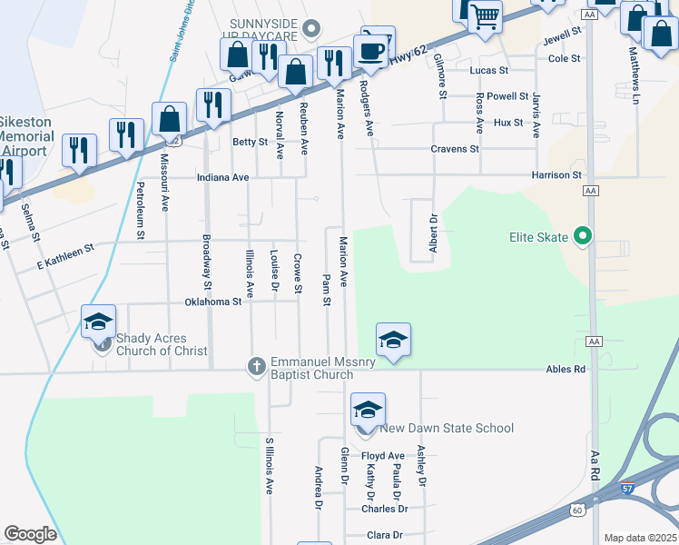 map of restaurants, bars, coffee shops, grocery stores, and more near 317 Marion Avenue in Sikeston