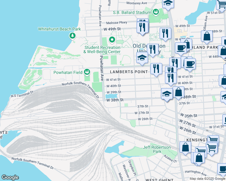 map of restaurants, bars, coffee shops, grocery stores, and more near 1522 West 39th Street in Norfolk