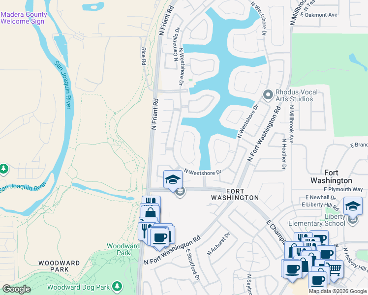 map of restaurants, bars, coffee shops, grocery stores, and more near 428 E Shelldrake Cir in Fresno