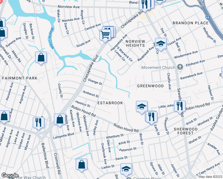 map of restaurants, bars, coffee shops, grocery stores, and more near 3725 Orange Street in Norfolk