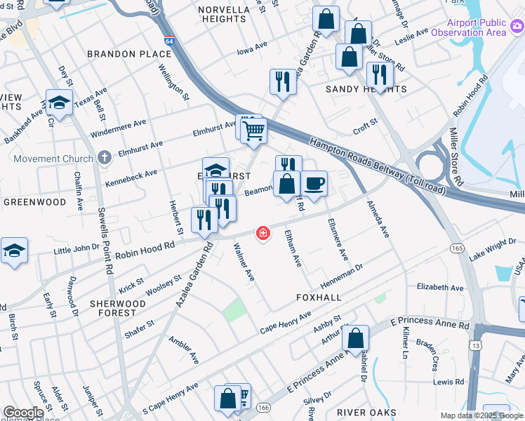 map of restaurants, bars, coffee shops, grocery stores, and more near 5300 Robin Hood Road in Norfolk