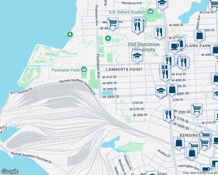 map of restaurants, bars, coffee shops, grocery stores, and more near 1522 West 39th Street in Norfolk