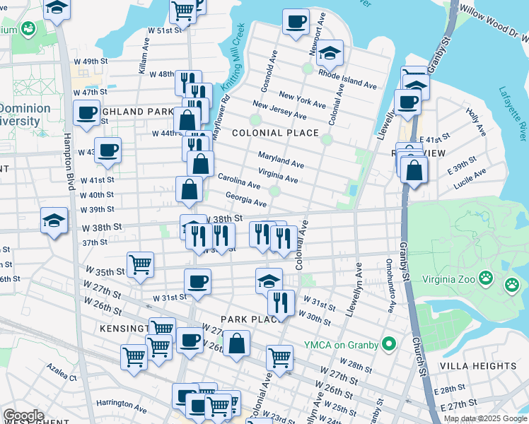 map of restaurants, bars, coffee shops, grocery stores, and more near 3901 Newport Avenue in Norfolk