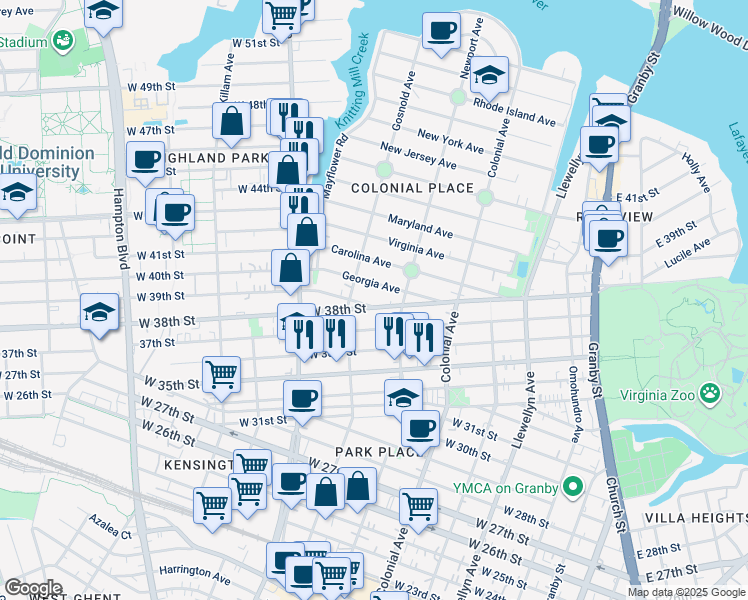 map of restaurants, bars, coffee shops, grocery stores, and more near 624 Michigan Avenue in Norfolk
