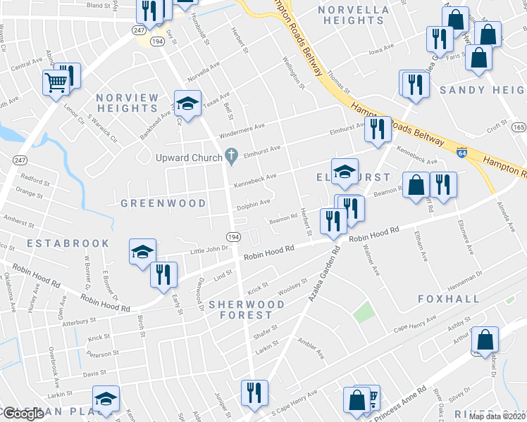 map of restaurants, bars, coffee shops, grocery stores, and more near 4844 Beamon Road in Norfolk