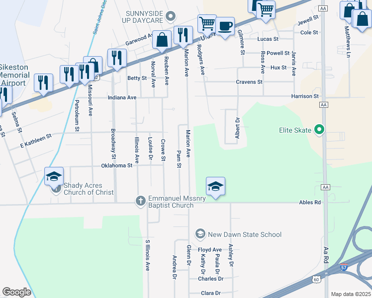 map of restaurants, bars, coffee shops, grocery stores, and more near 317 Marion Avenue in Sikeston