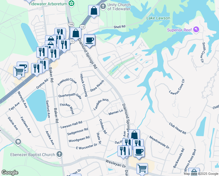 map of restaurants, bars, coffee shops, grocery stores, and more near 1004 Trappings Wynd in Virginia Beach