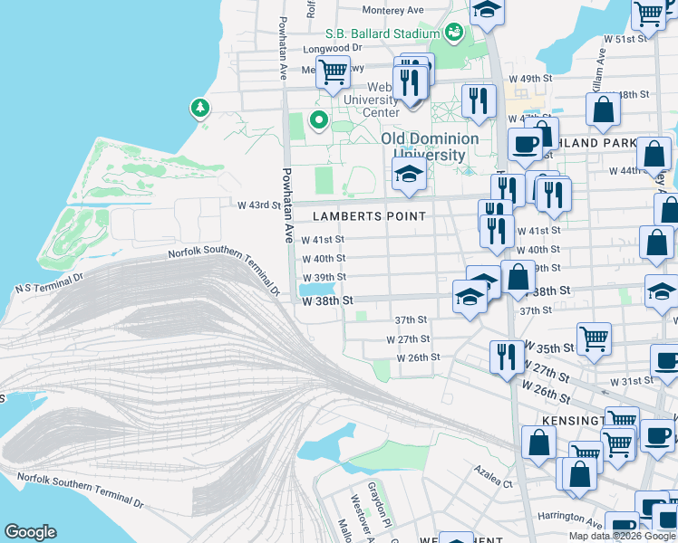 map of restaurants, bars, coffee shops, grocery stores, and more near 1438 West 39th Street in Norfolk