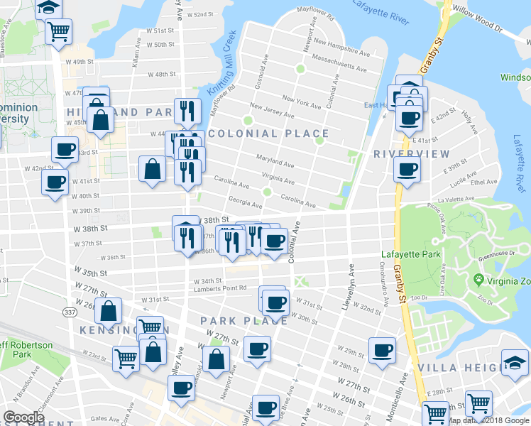 map of restaurants, bars, coffee shops, grocery stores, and more near 3904 Newport Avenue in Norfolk