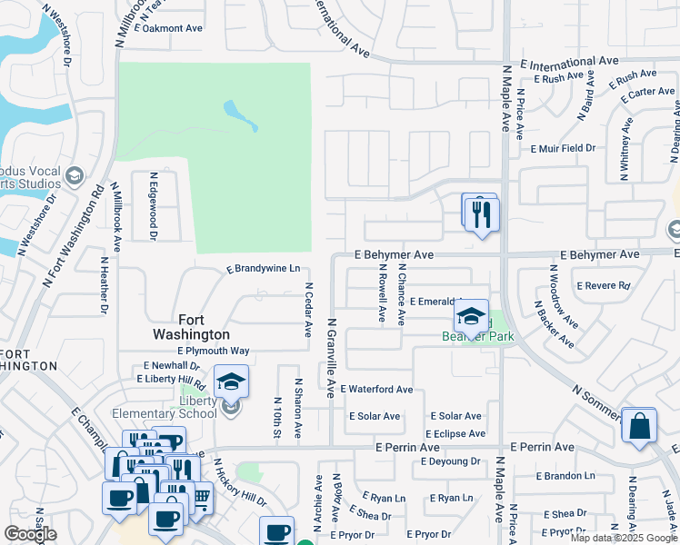 map of restaurants, bars, coffee shops, grocery stores, and more near 9909 North Boyd Avenue in Fresno