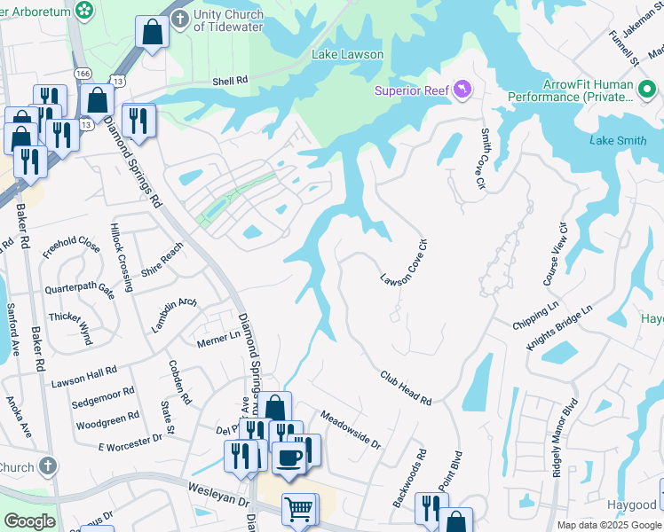 map of restaurants, bars, coffee shops, grocery stores, and more near 5481 Club Head Road in Virginia Beach
