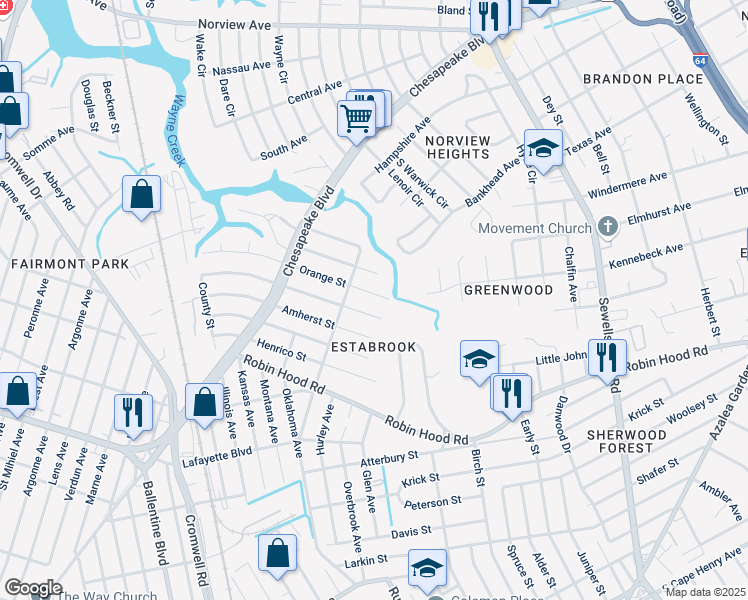 map of restaurants, bars, coffee shops, grocery stores, and more near 3725 Orange Street in Norfolk