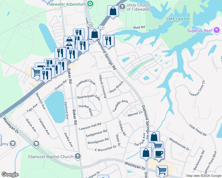 map of restaurants, bars, coffee shops, grocery stores, and more near 1111 Gleaning Close in Virginia Beach