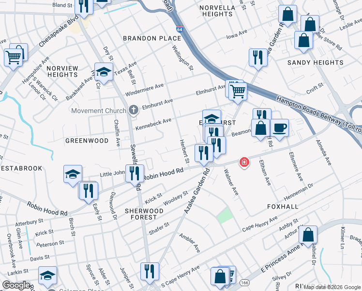map of restaurants, bars, coffee shops, grocery stores, and more near 4874 Beamon Road in Norfolk