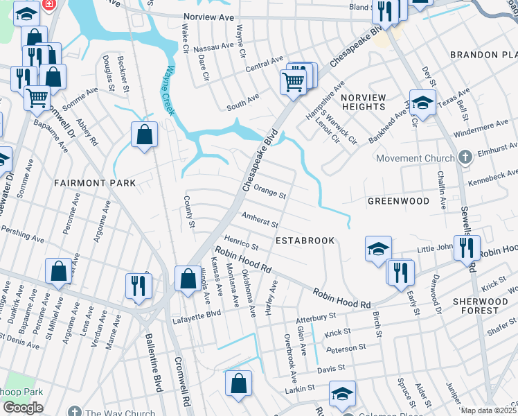 map of restaurants, bars, coffee shops, grocery stores, and more near 3623 Buckingham Street in Norfolk