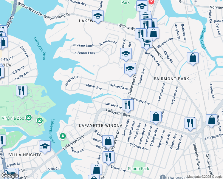 map of restaurants, bars, coffee shops, grocery stores, and more near 1724 Morris Avenue in Norfolk