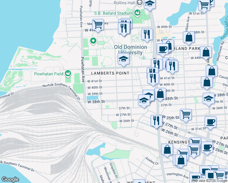 map of restaurants, bars, coffee shops, grocery stores, and more near 3901 Elkhorn Avenue in Norfolk