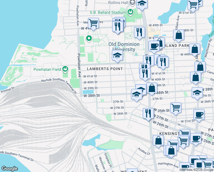 map of restaurants, bars, coffee shops, grocery stores, and more near 3901 Elkhorn Avenue in Norfolk