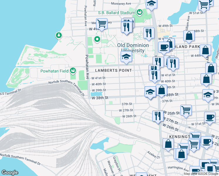 map of restaurants, bars, coffee shops, grocery stores, and more near 1438 West 39th Street in Norfolk