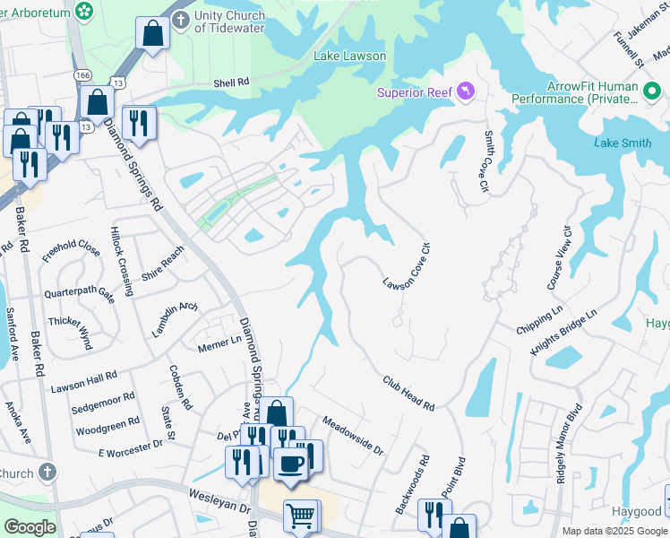 map of restaurants, bars, coffee shops, grocery stores, and more near 5481 Club Head Road in Virginia Beach