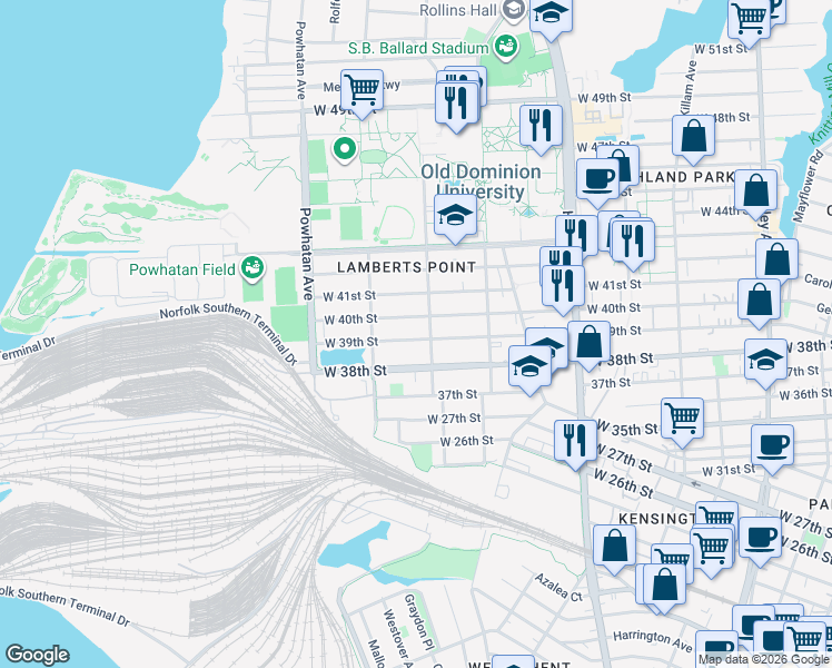 map of restaurants, bars, coffee shops, grocery stores, and more near 3901 Elkhorn Avenue in Norfolk