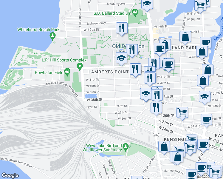 map of restaurants, bars, coffee shops, grocery stores, and more near 1410 West 39th Street in Norfolk