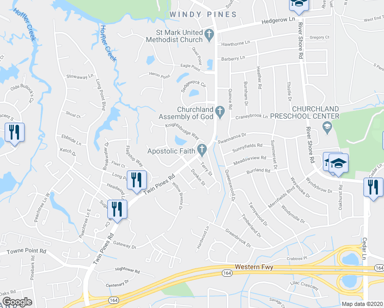 map of restaurants, bars, coffee shops, grocery stores, and more near 4159 Bishops Place in Portsmouth