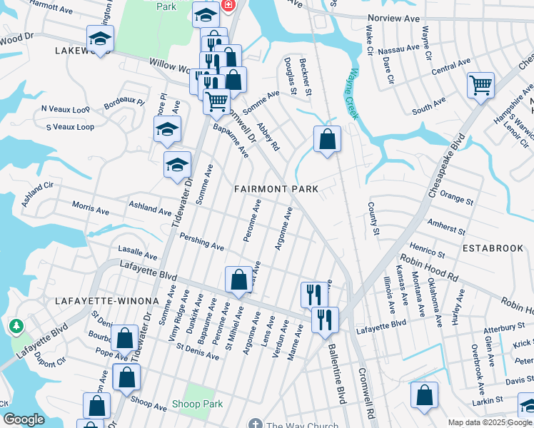 map of restaurants, bars, coffee shops, grocery stores, and more near 3413 Brest Avenue in Norfolk