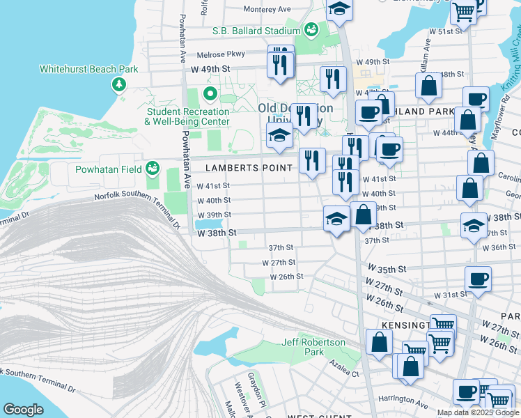 map of restaurants, bars, coffee shops, grocery stores, and more near 3901 Elkhorn Avenue in Norfolk