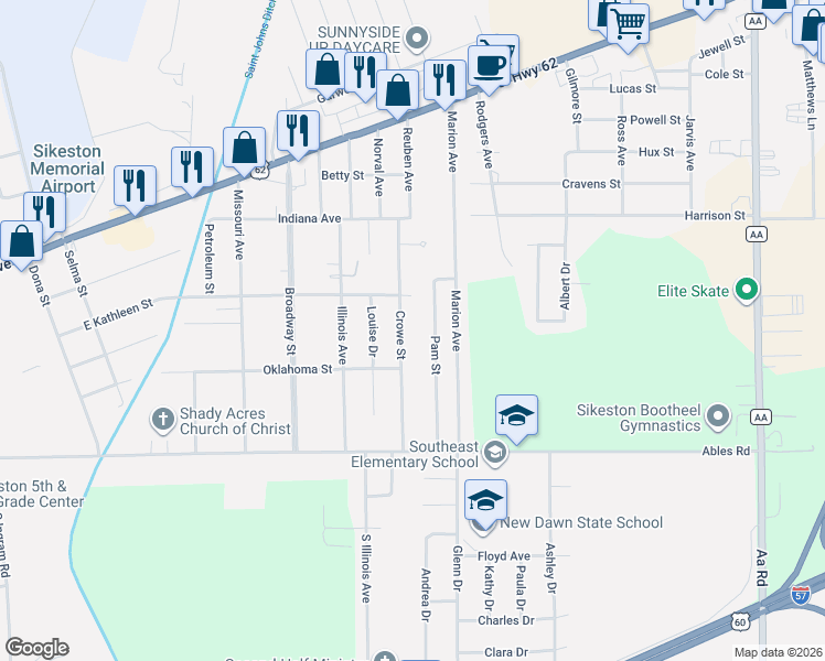 map of restaurants, bars, coffee shops, grocery stores, and more near 328 Crowe Street in Sikeston