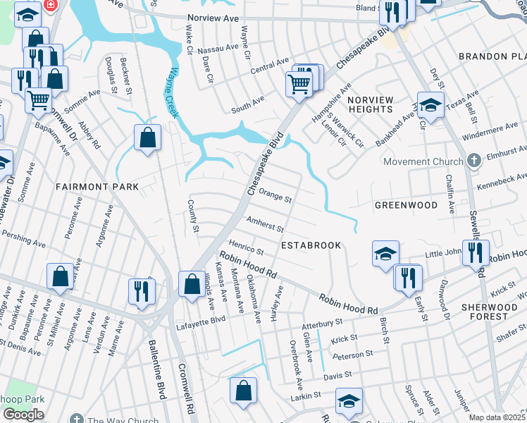 map of restaurants, bars, coffee shops, grocery stores, and more near 3623 Buckingham Street in Norfolk
