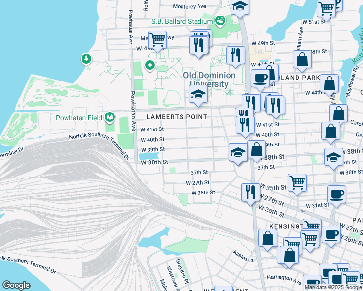map of restaurants, bars, coffee shops, grocery stores, and more near 1410 West 39th Street in Norfolk