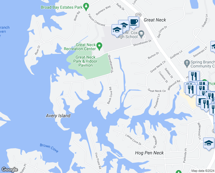 map of restaurants, bars, coffee shops, grocery stores, and more near 1529 Back Cove Road in Virginia Beach
