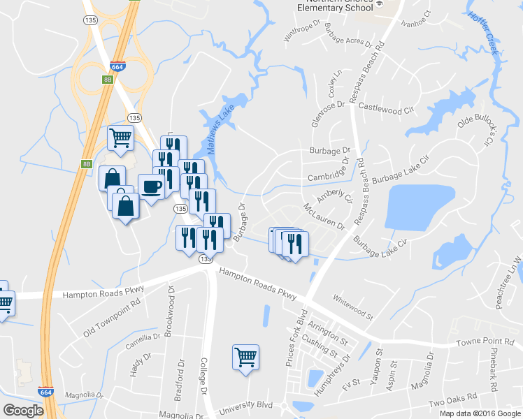 map of restaurants, bars, coffee shops, grocery stores, and more near 6303 Scottsfield Drive in Suffolk