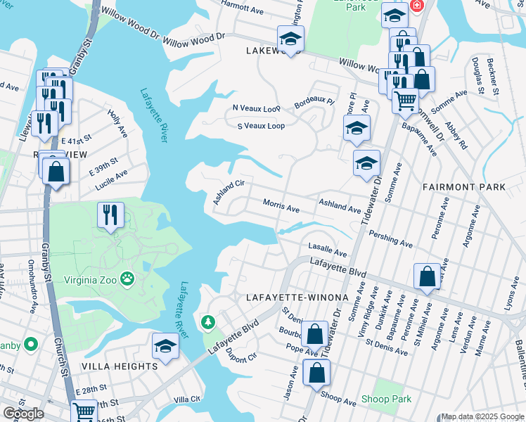 map of restaurants, bars, coffee shops, grocery stores, and more near 1520 Holland Avenue in Norfolk