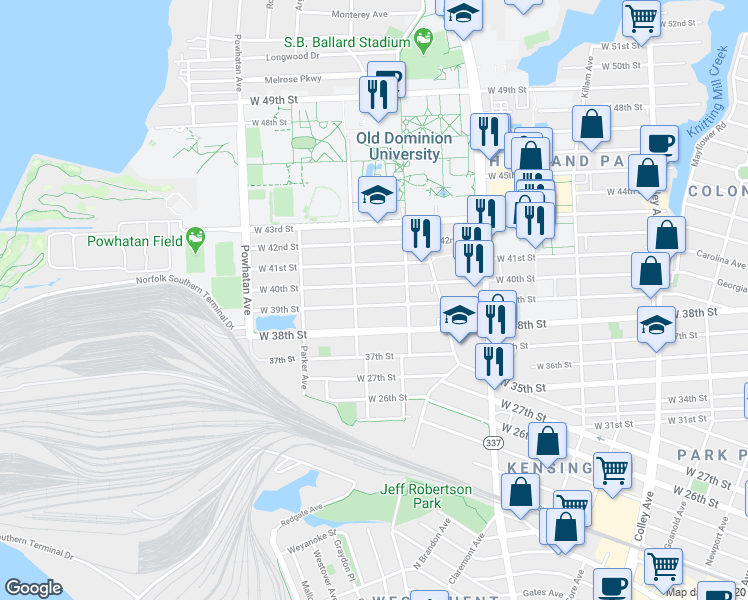 map of restaurants, bars, coffee shops, grocery stores, and more near 1330 West 39th Street in Norfolk