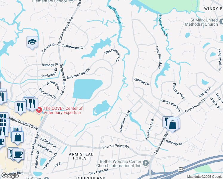 map of restaurants, bars, coffee shops, grocery stores, and more near 6734 Burbage Lake Circle in Suffolk